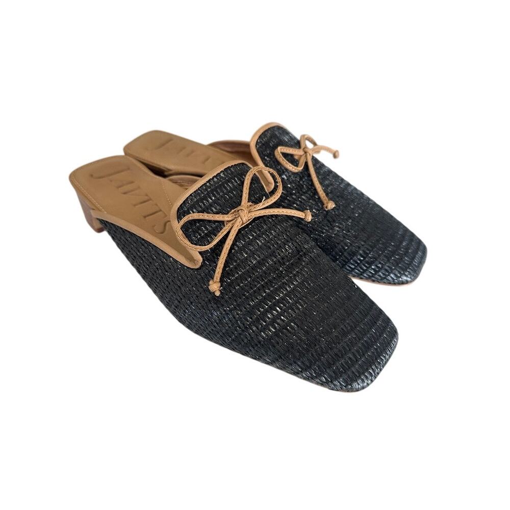 Eric Javits Isla Mule Black Raffia Bow Slide Heel Comfort Designer Flats Size 9